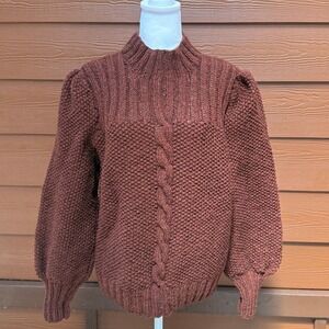 Handmade Cable Knit Sweater Womens Medium Brown Puff Sleeve Mock Neck Chunky